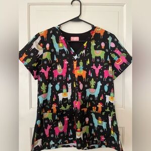 Colorful Llama Print Scrub Top